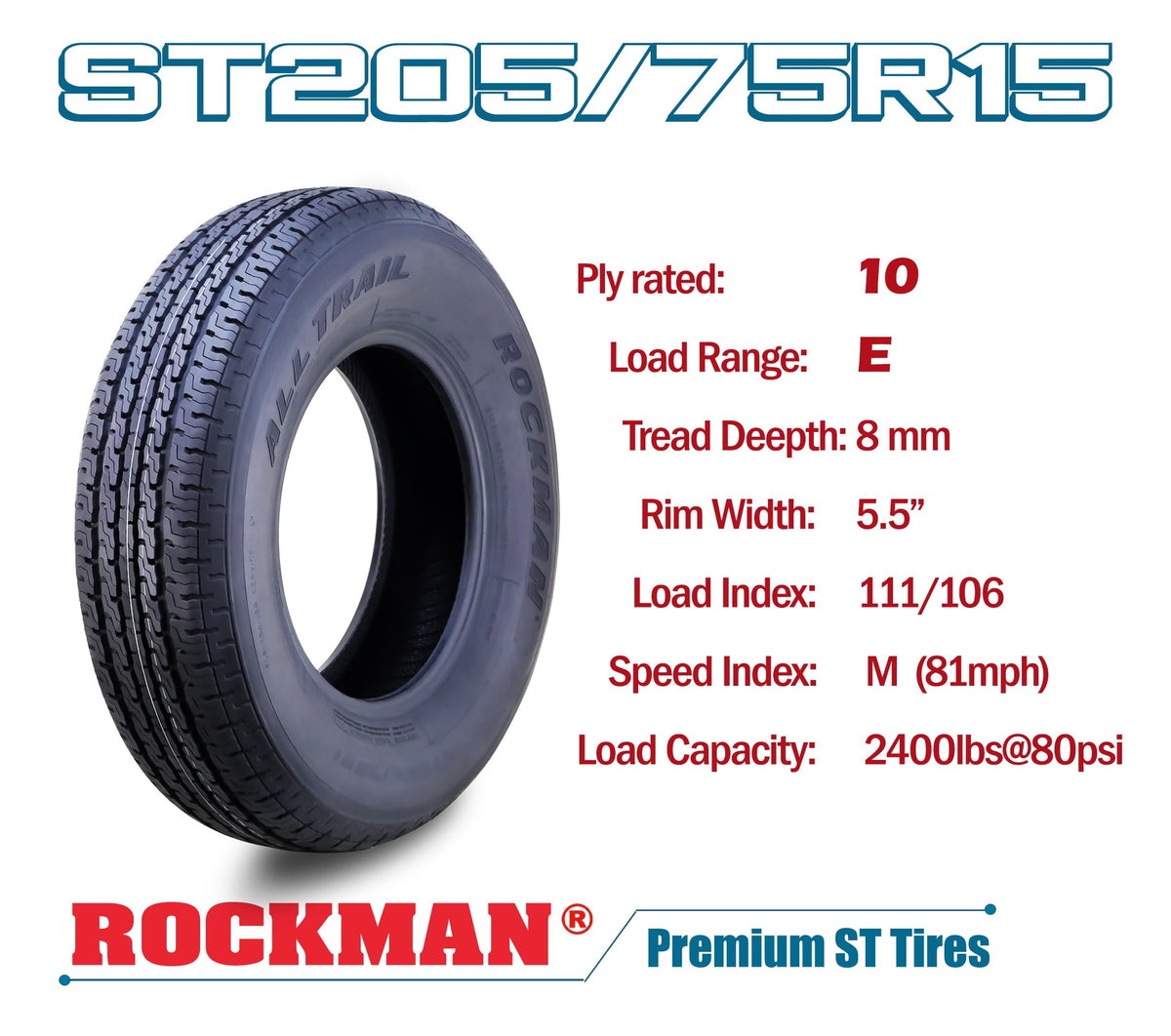 Heavy Duty Trailer Tire ST205/75R15 10-Ply Set4 B50754