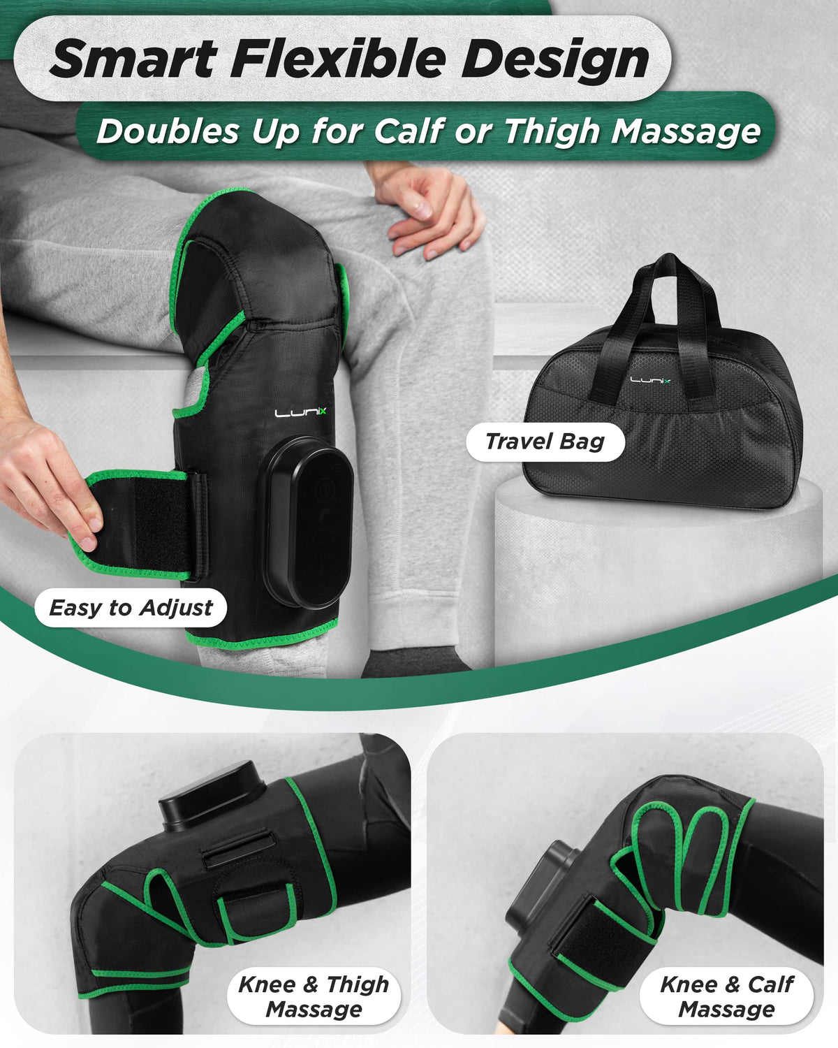 Cordless Knee Massager with Heat, Compression & Vibration, Rechargeable Wrap, Forest Green A912