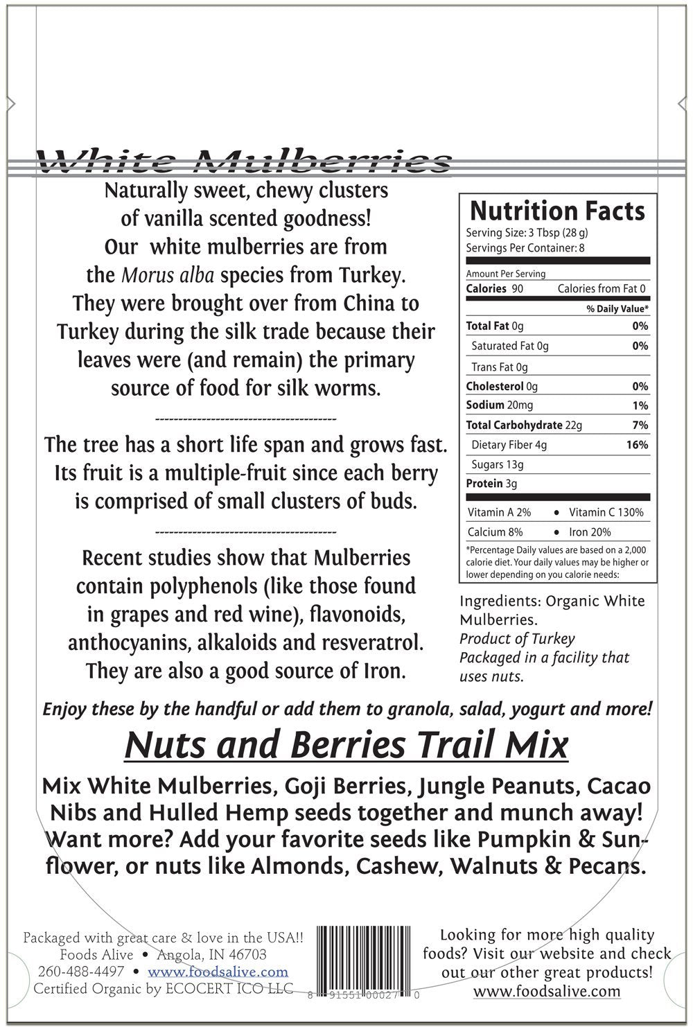 Organic White Mulberries Dried 8 oz J89087
