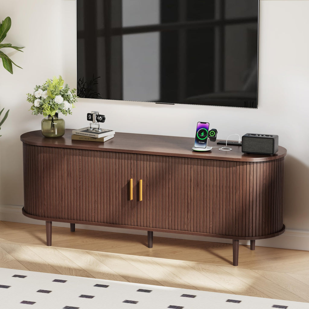 55 Inch Mid Century Modern TV Stand with Power Outlet and Adjustable Shelves Q438176