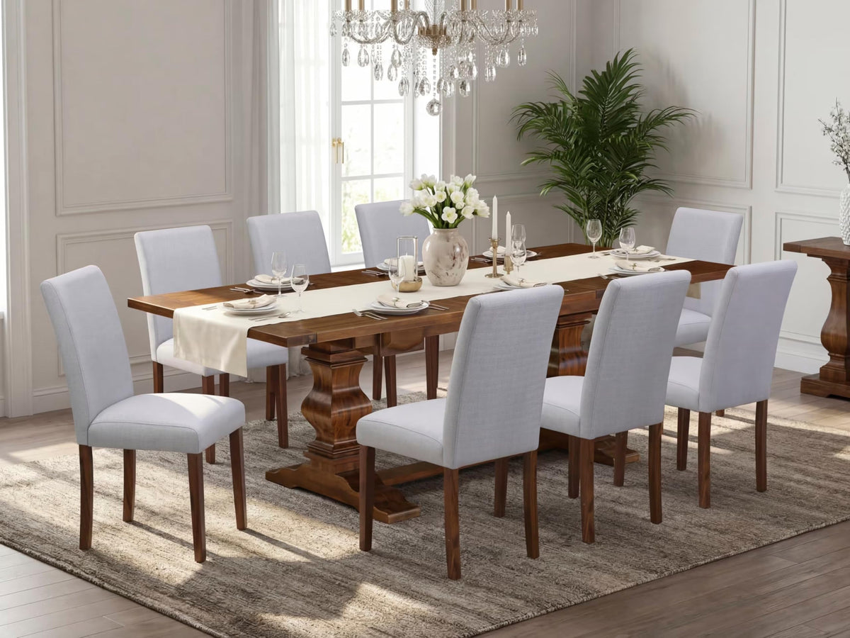 9 Piece Walnut Dining Table Set with 8 Grey Linen Chairs H302