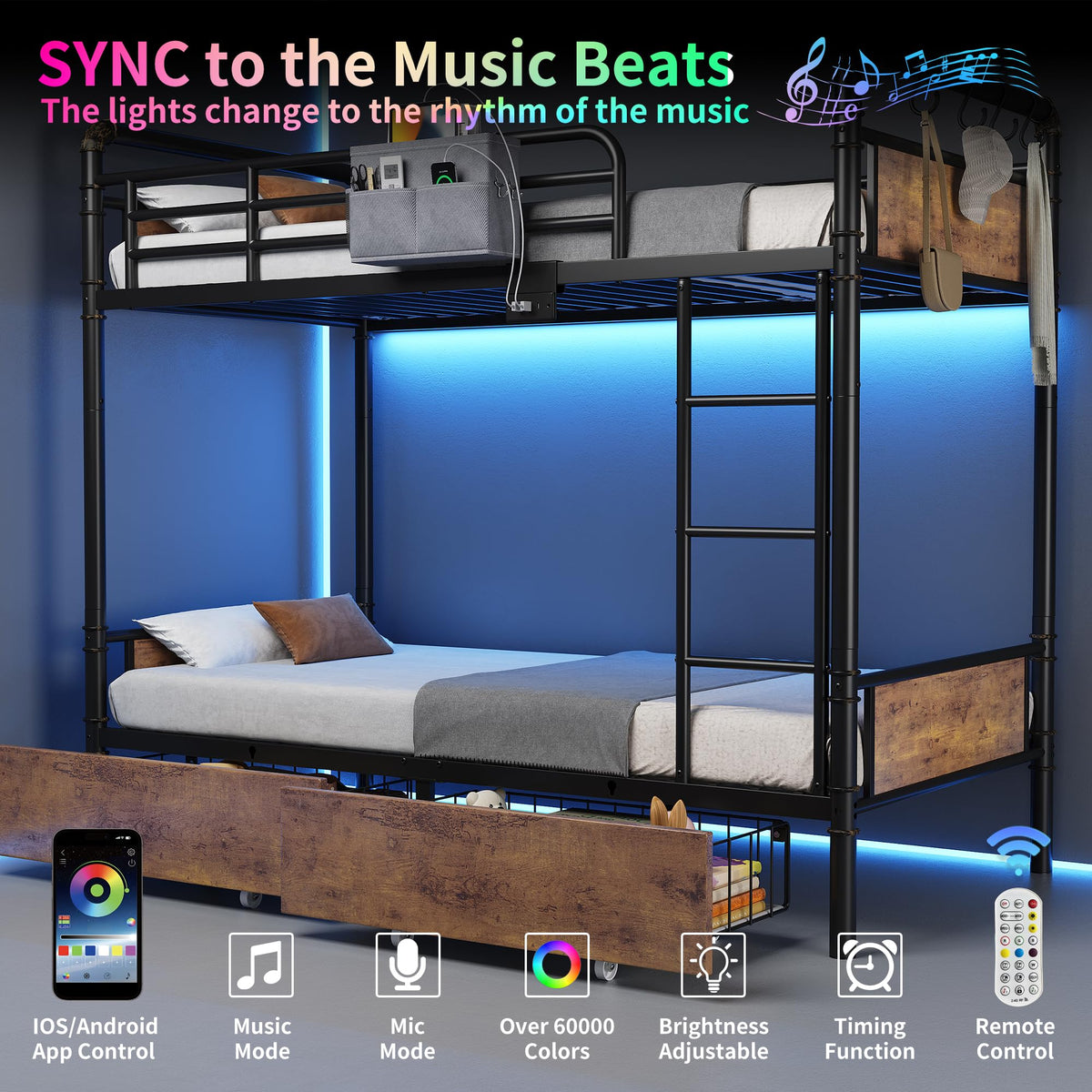 Metal LED Bunk Bed Twin Over Twin with 2 Storage Drawers B1134