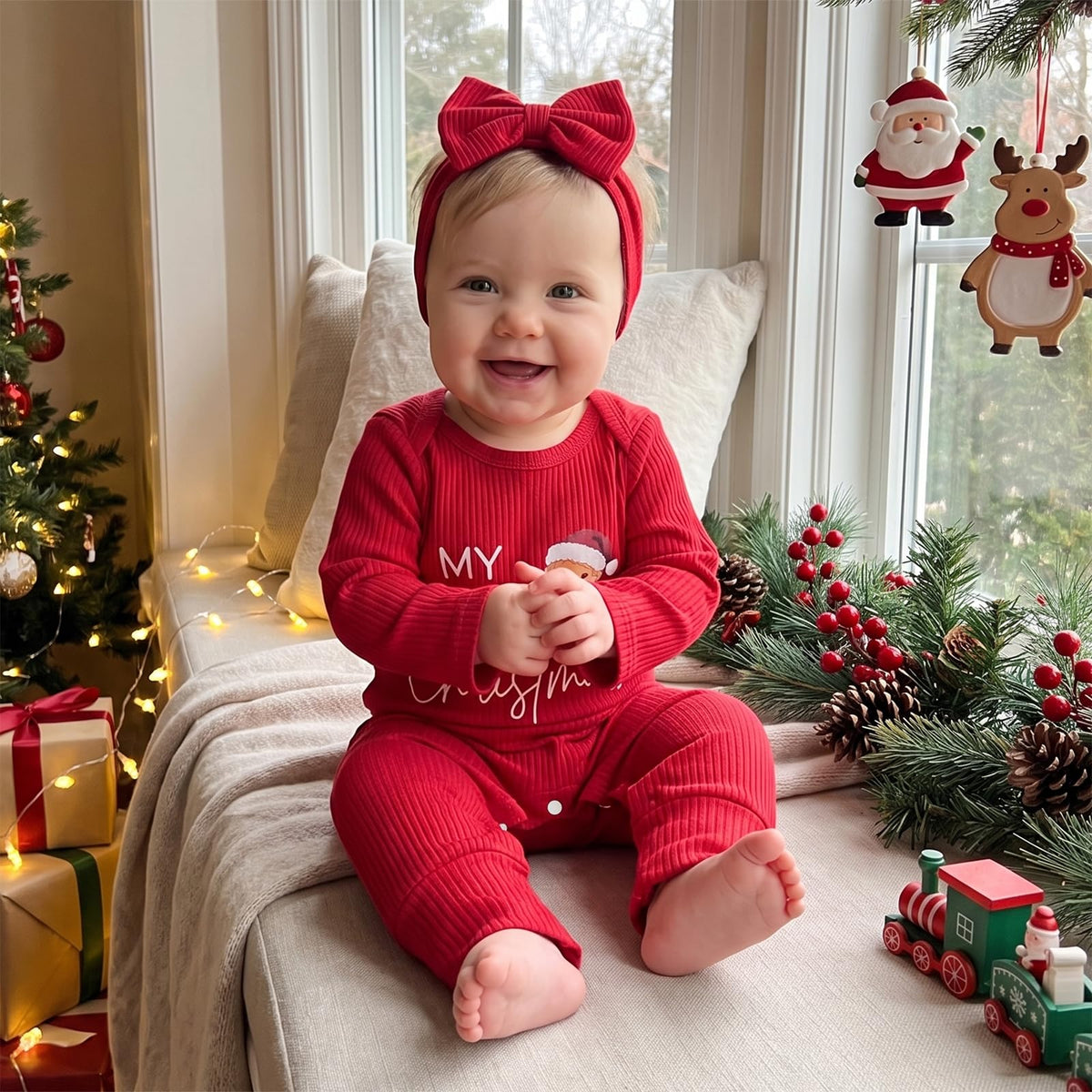 Christmas Baby Girl Long Sleeve Romper Headband A5103