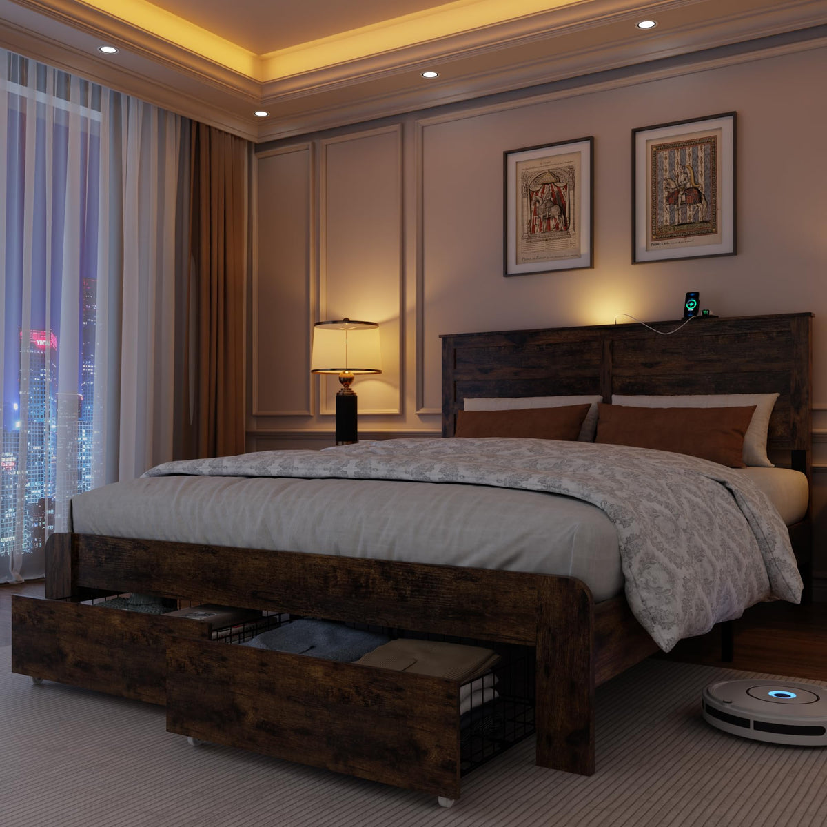 Queen Size Wooden Bed Frame with Storage Drawers F43444