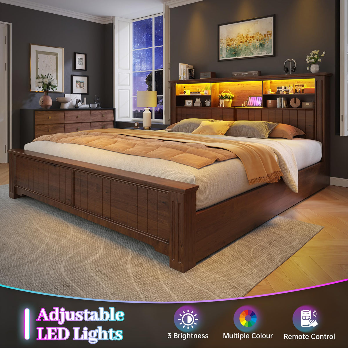 King Bed Frame with 4 Storage Drawers and Headboard Shelf, Brown M4884