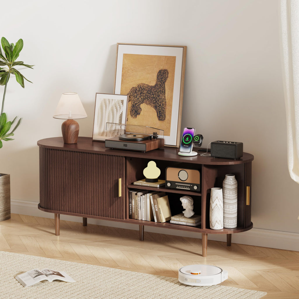 55 Inch Mid Century Modern TV Stand with Power Outlet and Adjustable Shelves Q438176