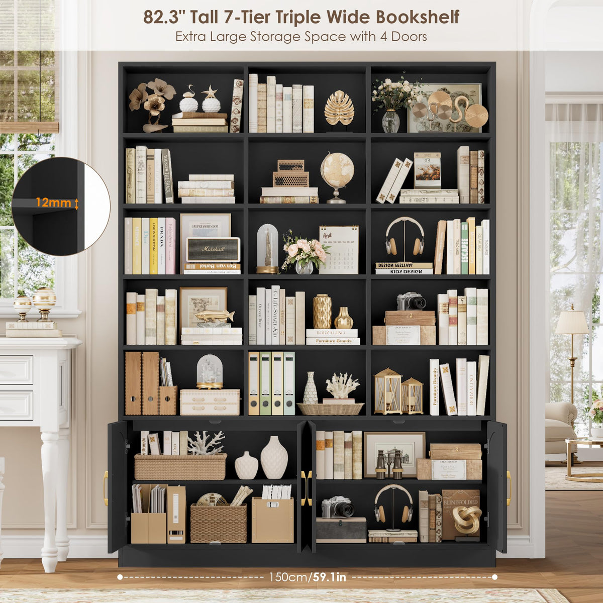 82.3" Triple Wide Bookshelf with 4 Doors, Black C9666