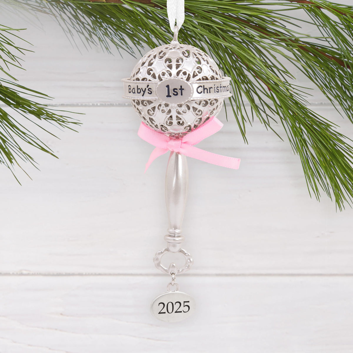 Silver Rattle with Pink Ribbon Christmas Ornament C542680