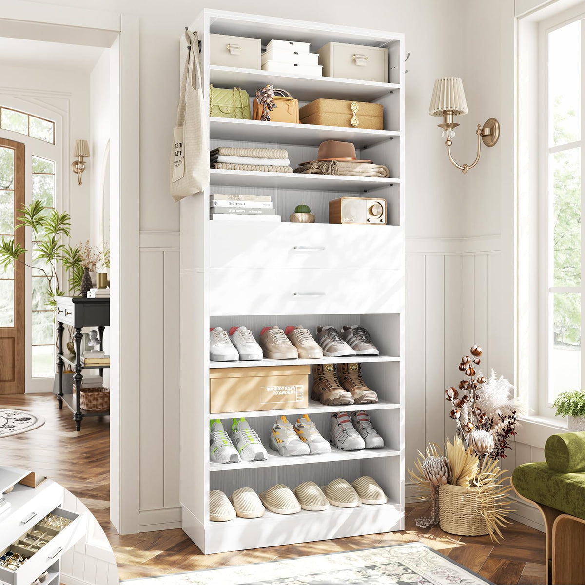 10 Tiers Tall White Wood Shoe Cabinet V394