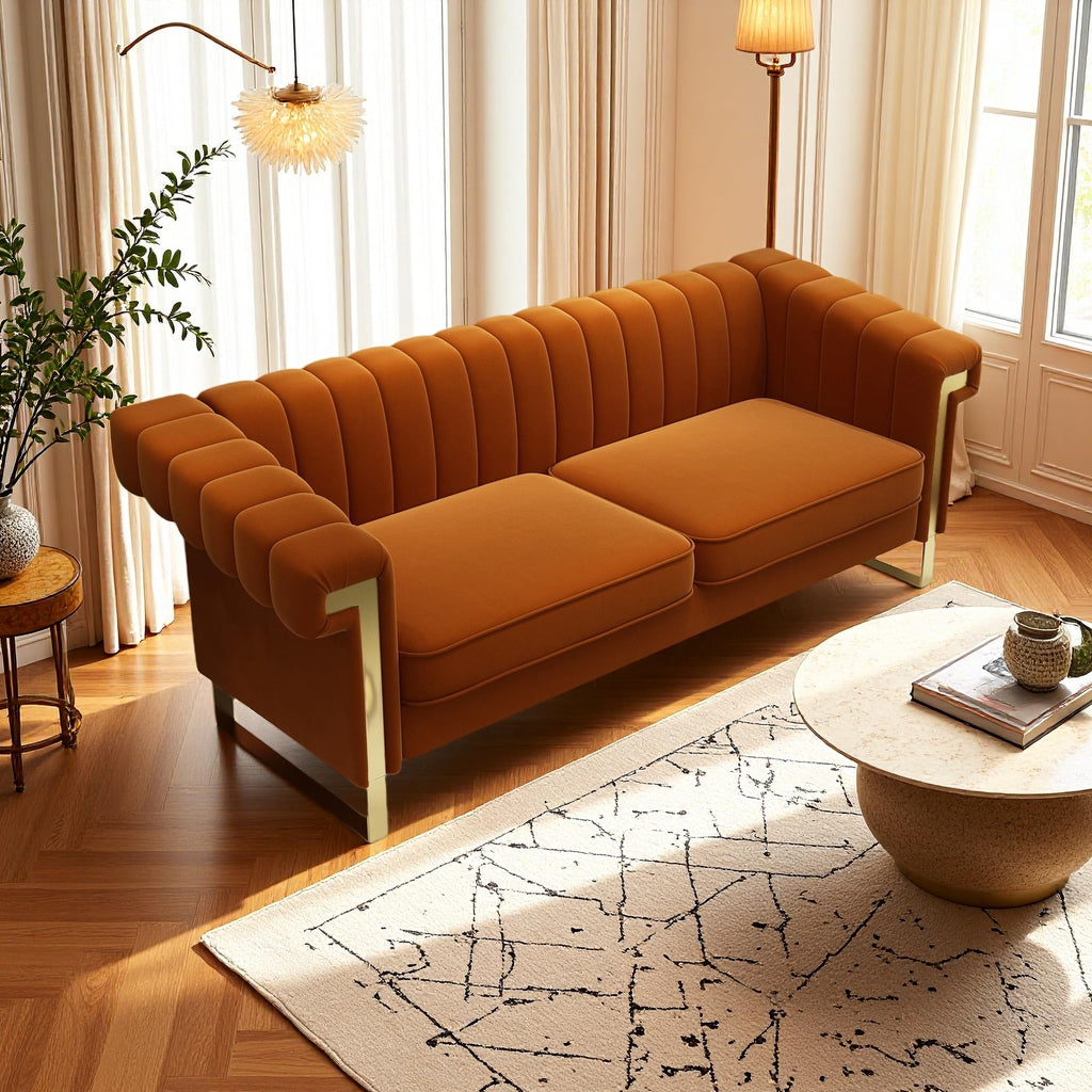 Orange Velvet 3-Seater Sofa with Armrest Y62294