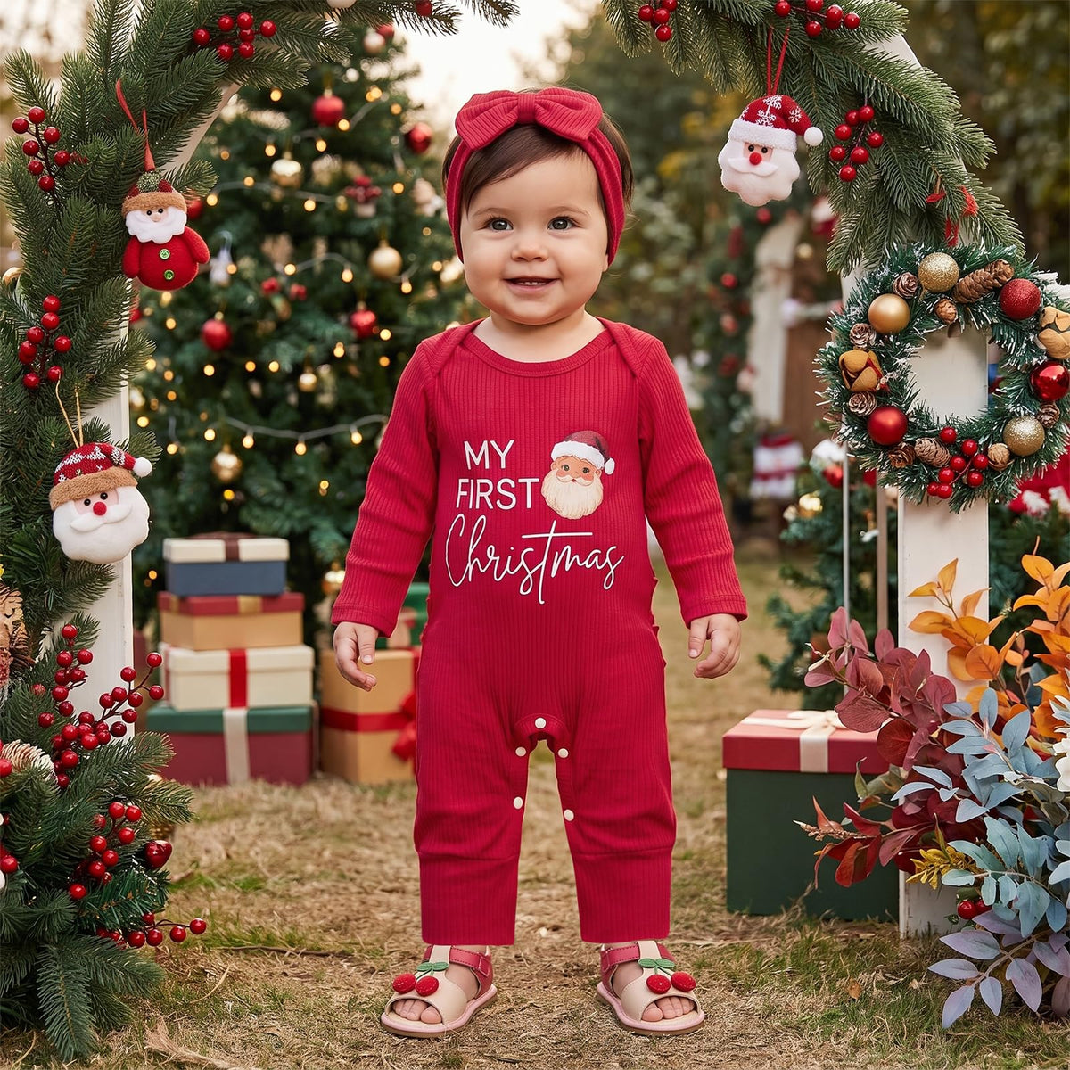 Christmas Baby Girl Long Sleeve Romper Headband A5103