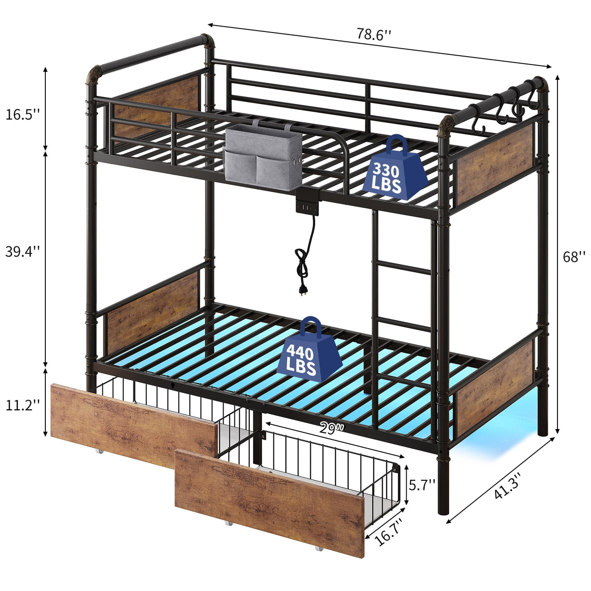 Metal LED Bunk Bed Twin Over Twin with 2 Storage Drawers B1134