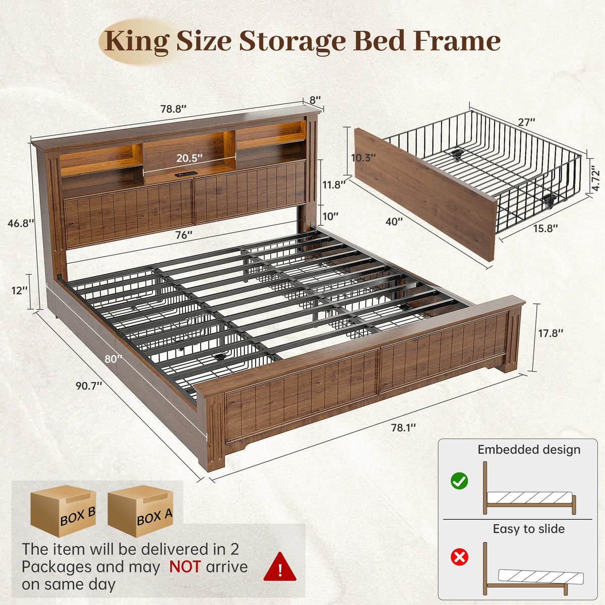 King Bed Frame with 4 Storage Drawers and Headboard Shelf, Brown M4884