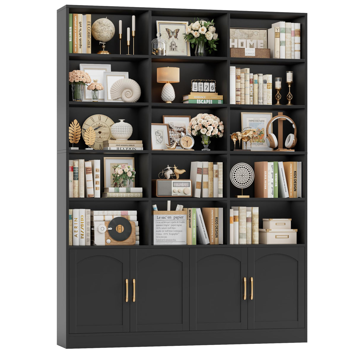 82.3" Triple Wide Bookshelf with 4 Doors, Black C9666