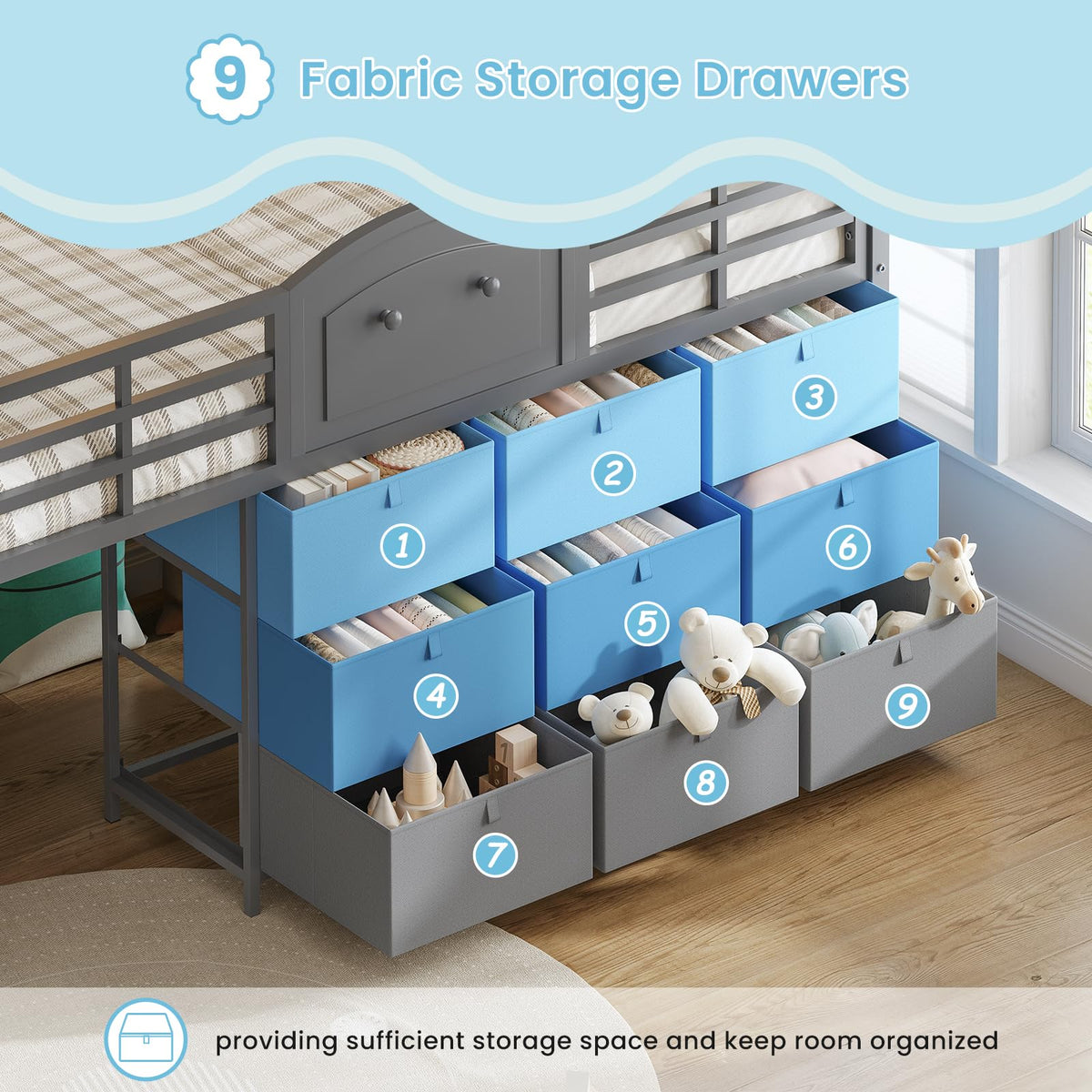 Twin Size Low Loft Bed with 9 Storage Drawers and LED Lights G181787