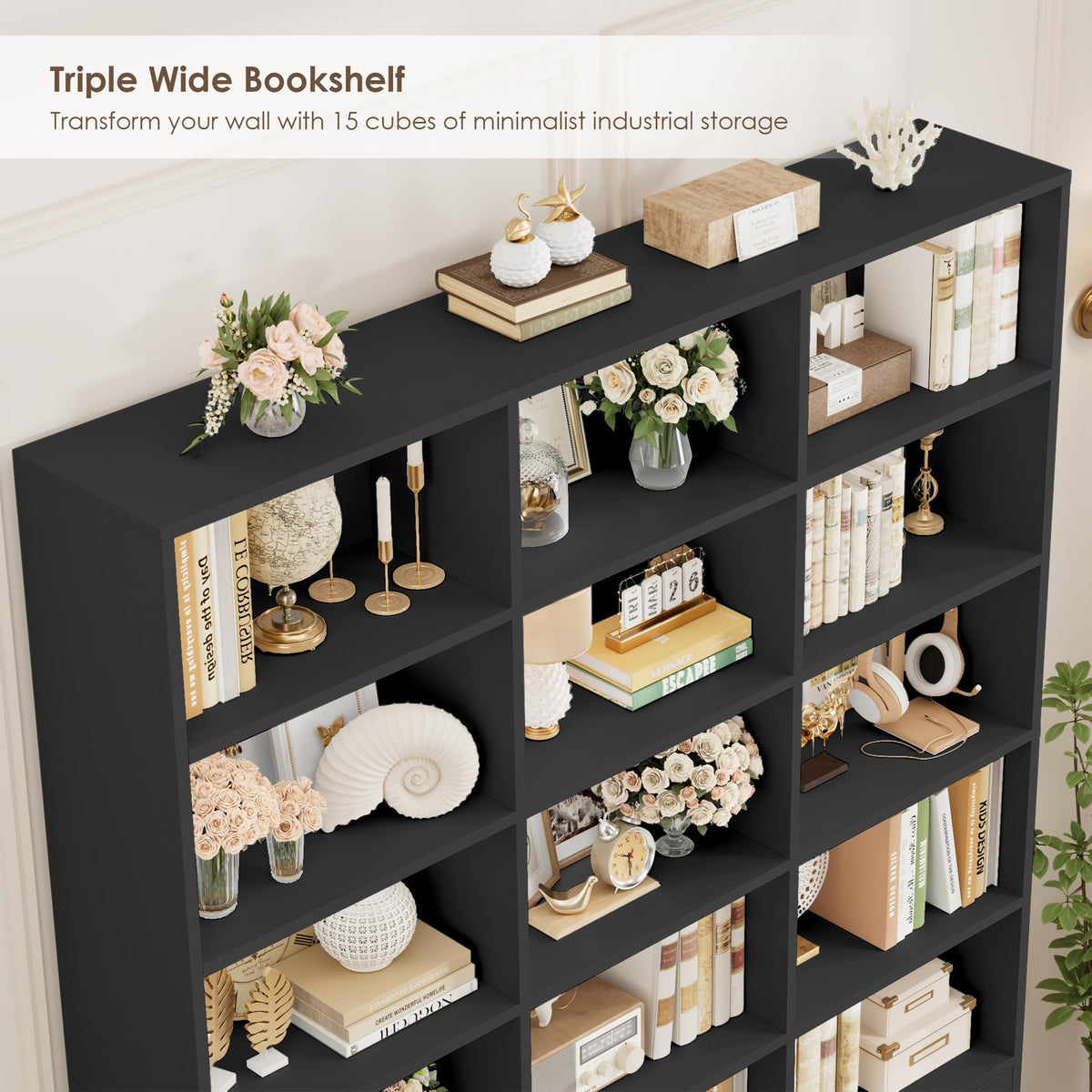 82.3" Triple Wide Bookshelf with 4 Doors, Black C9666