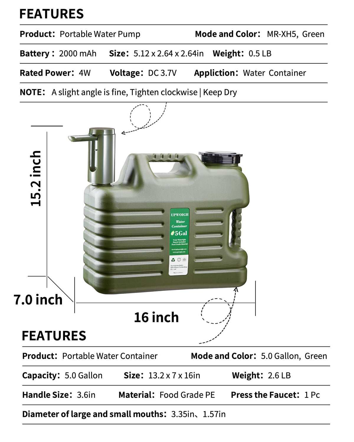 5 Gallon Water Jug with Rechargeable Touch Pump M790115