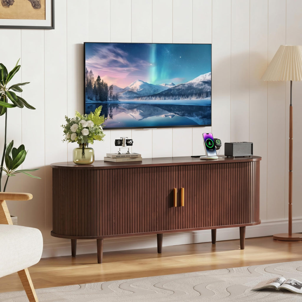 55 Inch Mid Century Modern TV Stand with Power Outlet and Adjustable Shelves Q438176