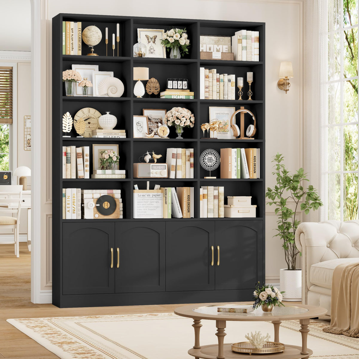 82.3" Triple Wide Bookshelf with 4 Doors, Black C9666
