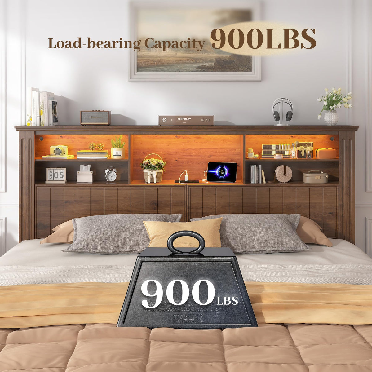 King Bed Frame with 4 Storage Drawers and Headboard Shelf, Brown M4884