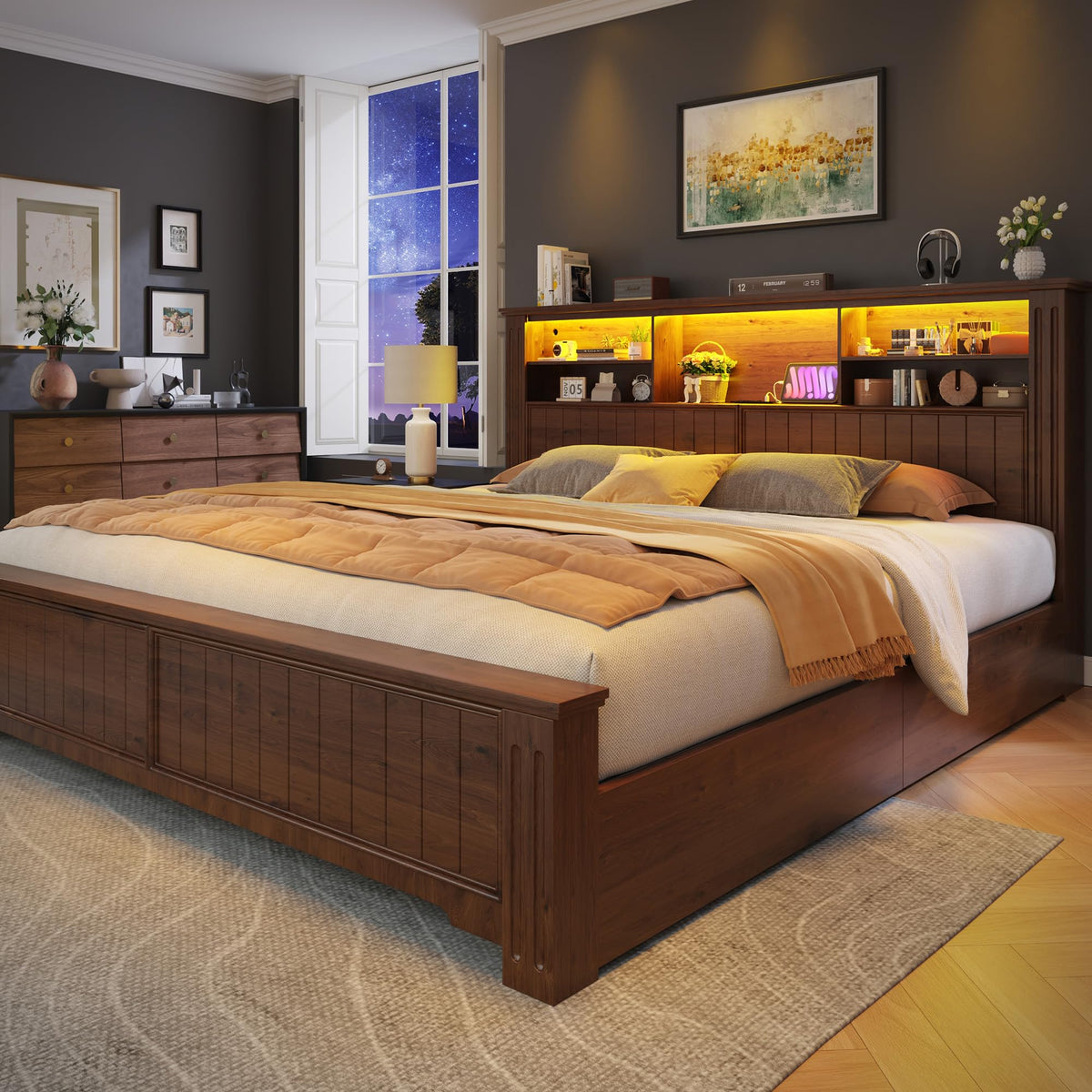 King Bed Frame with 4 Storage Drawers and Headboard Shelf, Brown M4884