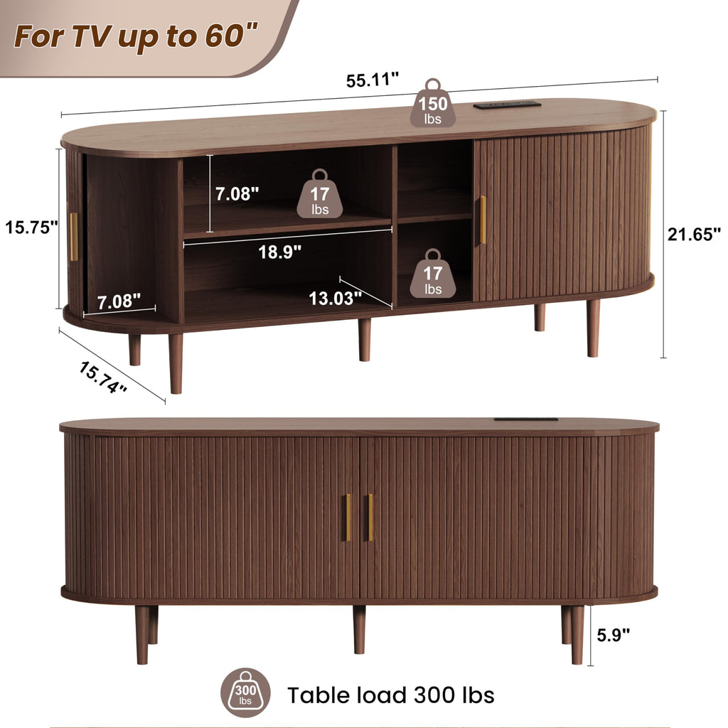 55 Inch Mid Century Modern TV Stand with Power Outlet and Adjustable Shelves Q438176