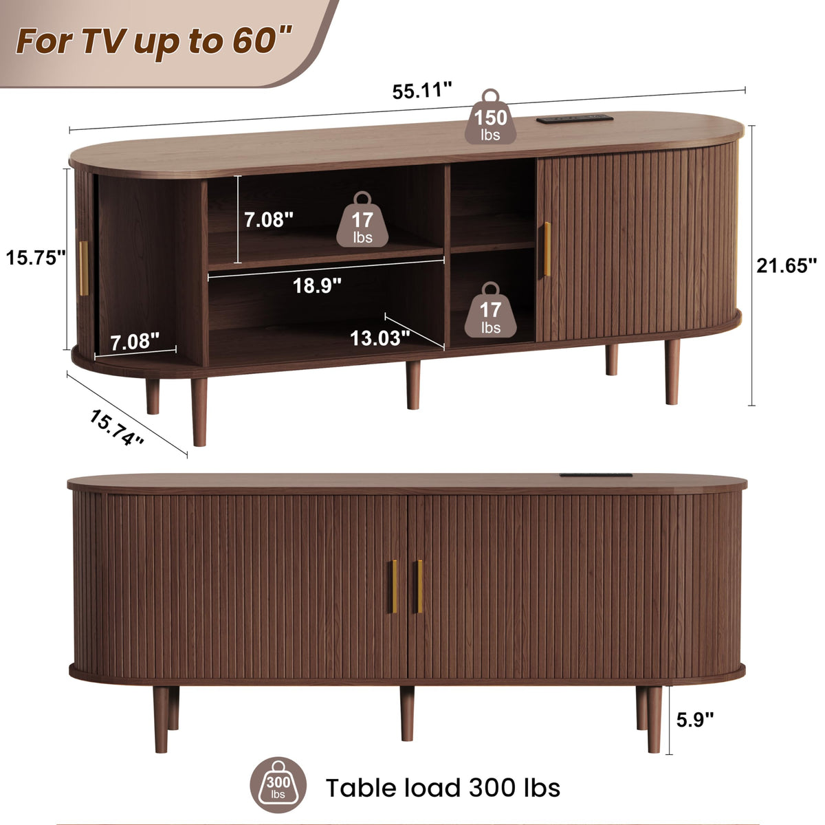 55 Inch Mid Century Modern TV Stand with Power Outlet and Adjustable Shelves Q438176