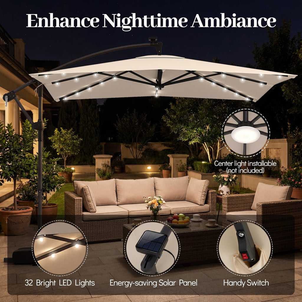 8x8 FT Solar Square Offset Cantilever Umbrella with Base U7024