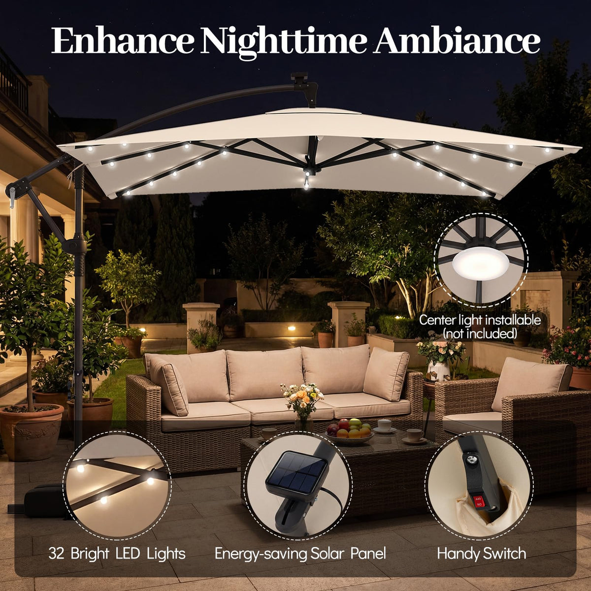 8x8 FT Solar Square Offset Cantilever Umbrella with Base U7024