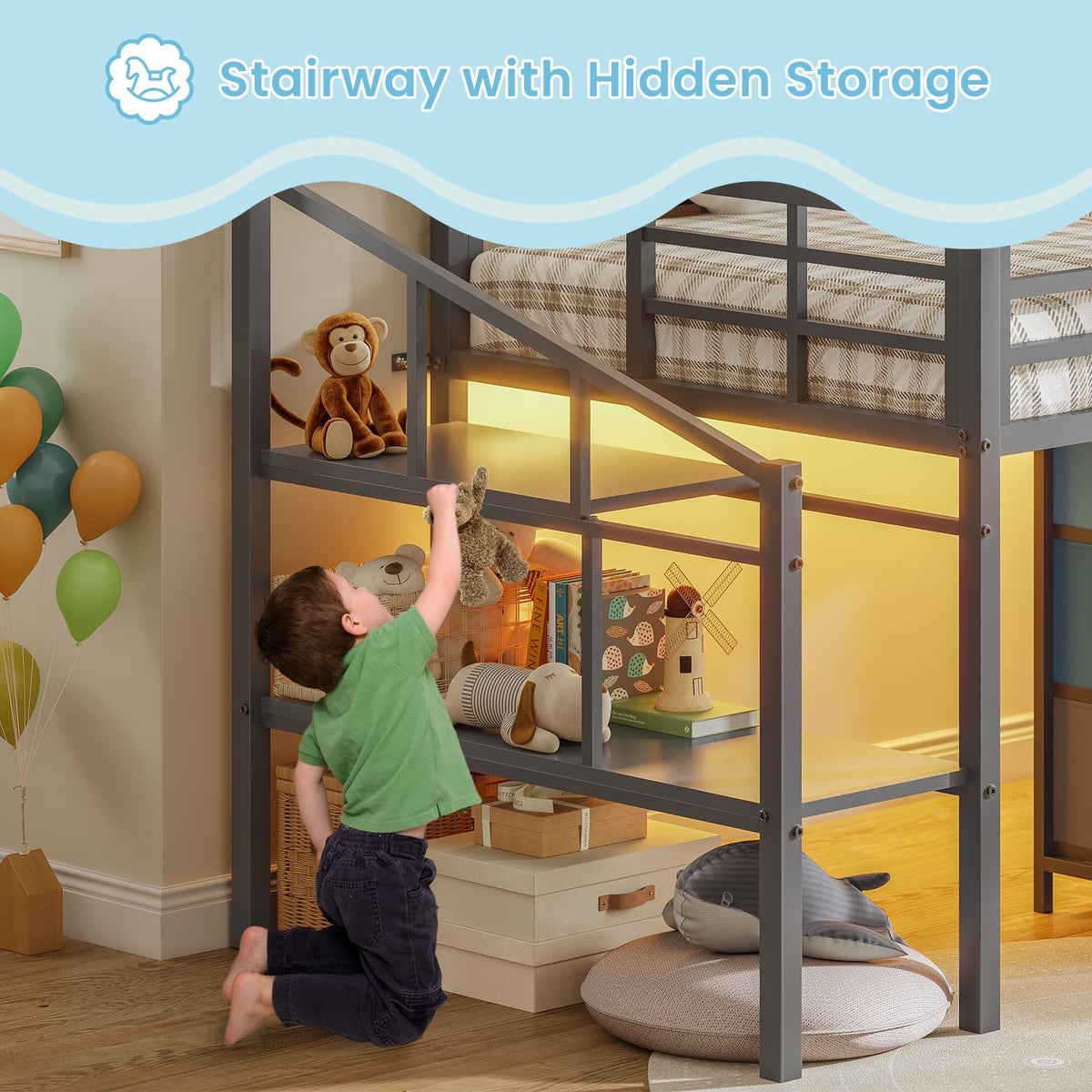 Twin Size Low Loft Bed with 9 Storage Drawers and LED Lights G181787