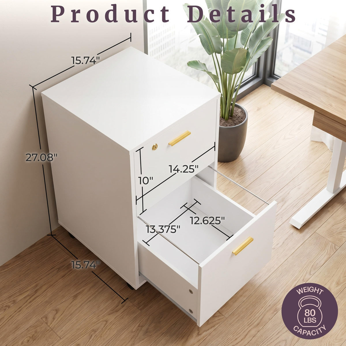 White 2 Drawer Wooden File Cabinet with Lock U80077