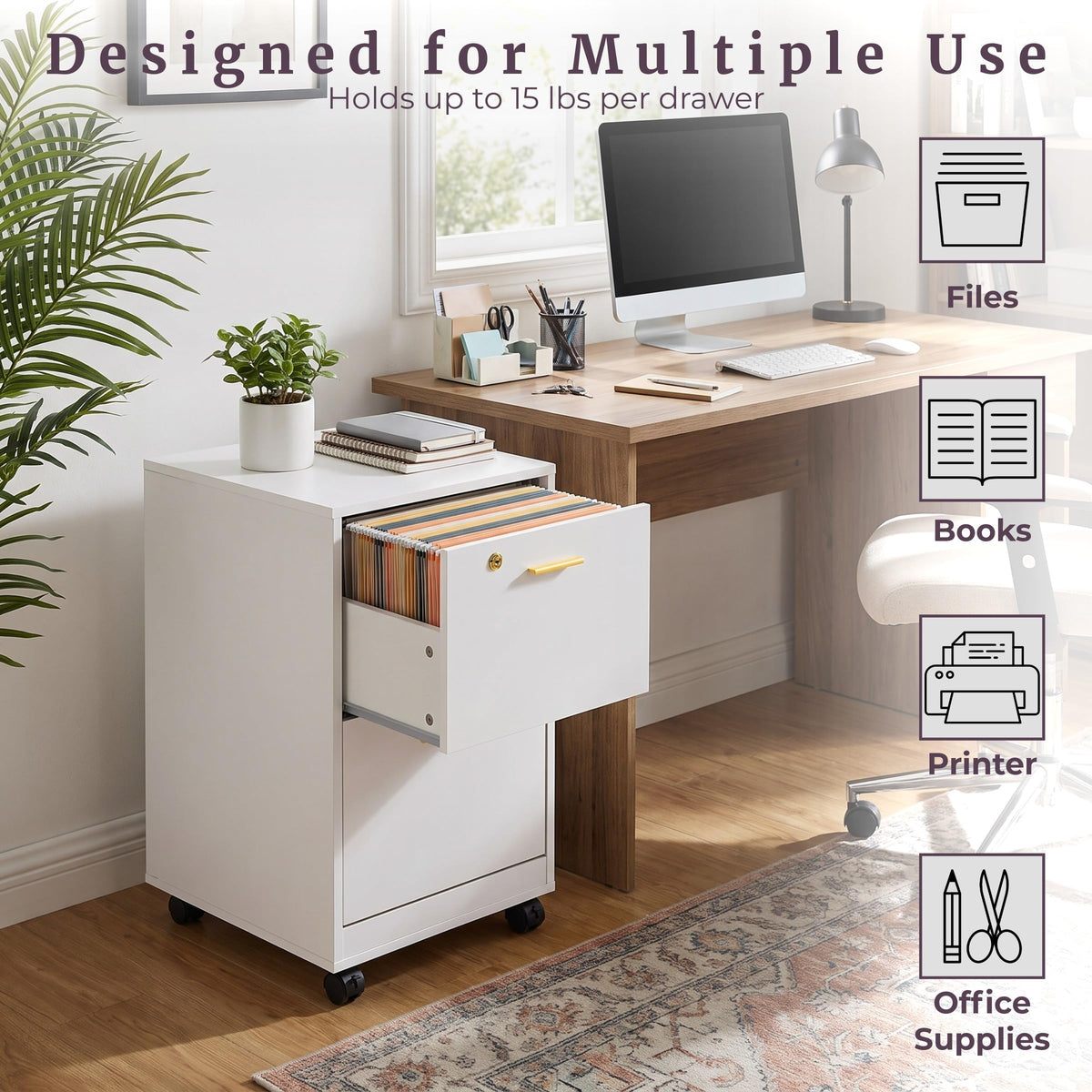 White 2 Drawer Wooden File Cabinet with Lock U80077