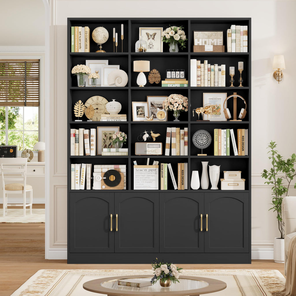 82.3" Triple Wide Bookshelf with 4 Doors, Black C9666