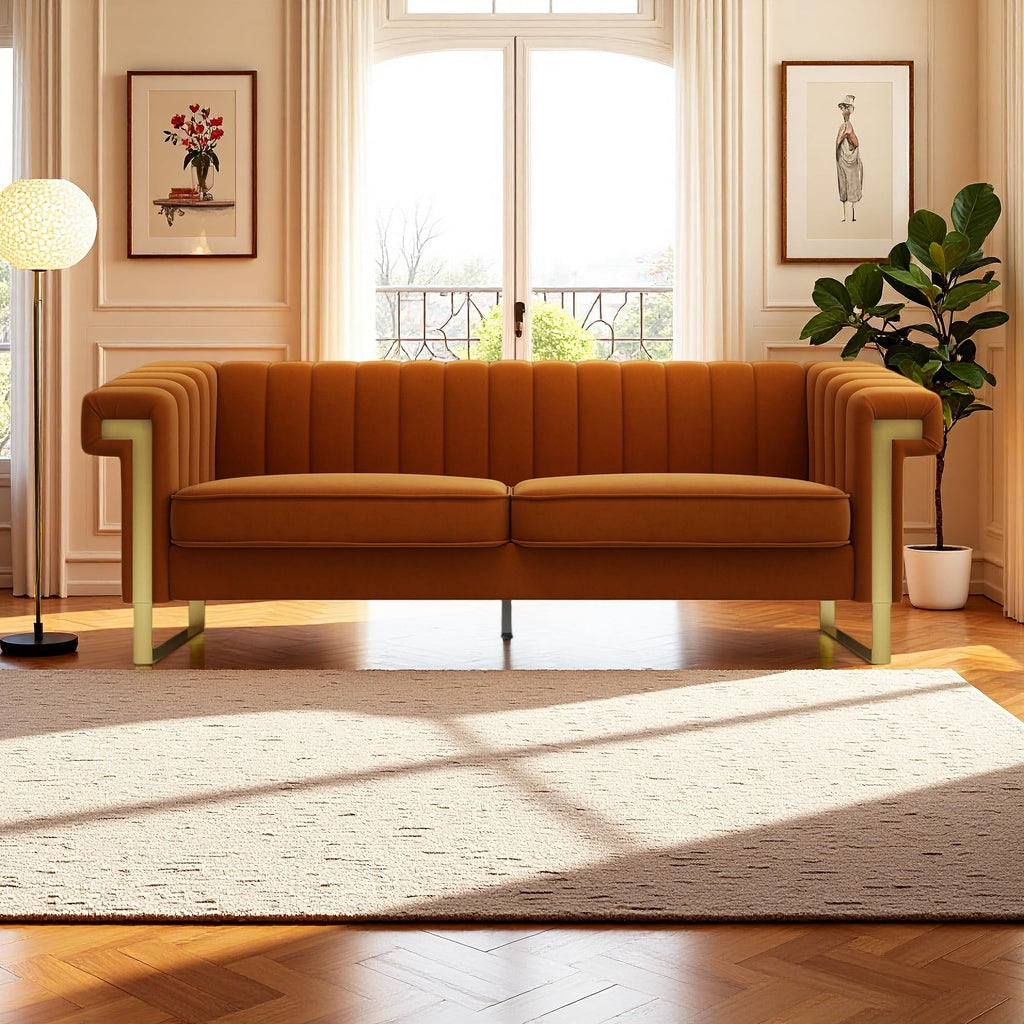 Orange Velvet 3-Seater Sofa with Armrest Y62294