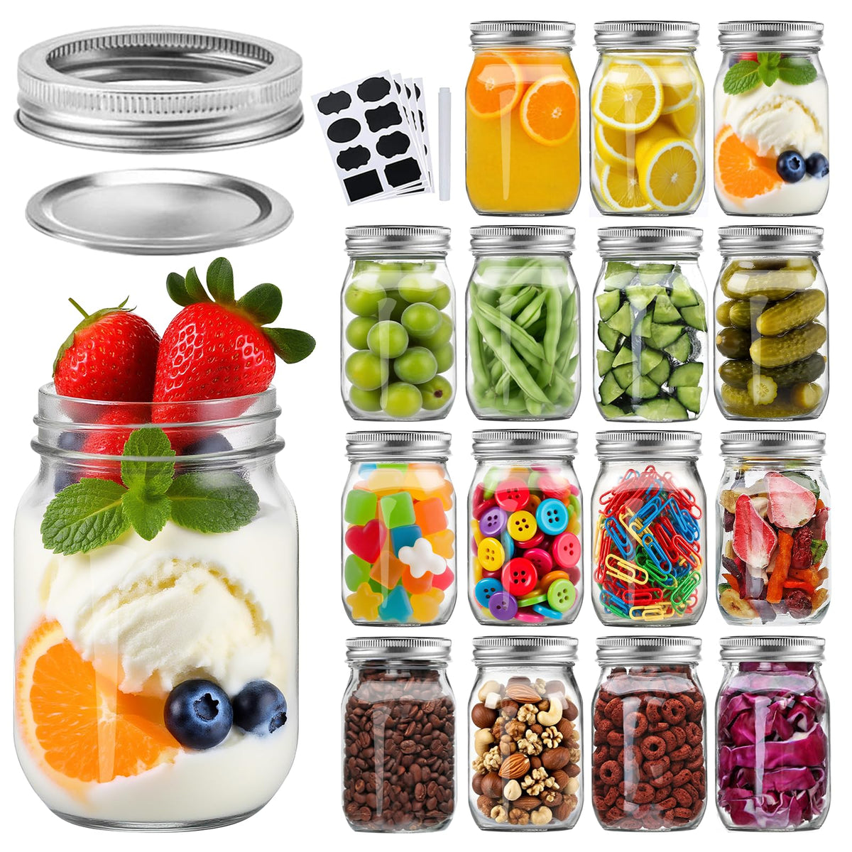 16 Pack 16 oz Glass Mason Jars with Airtight Lids and Bands V104