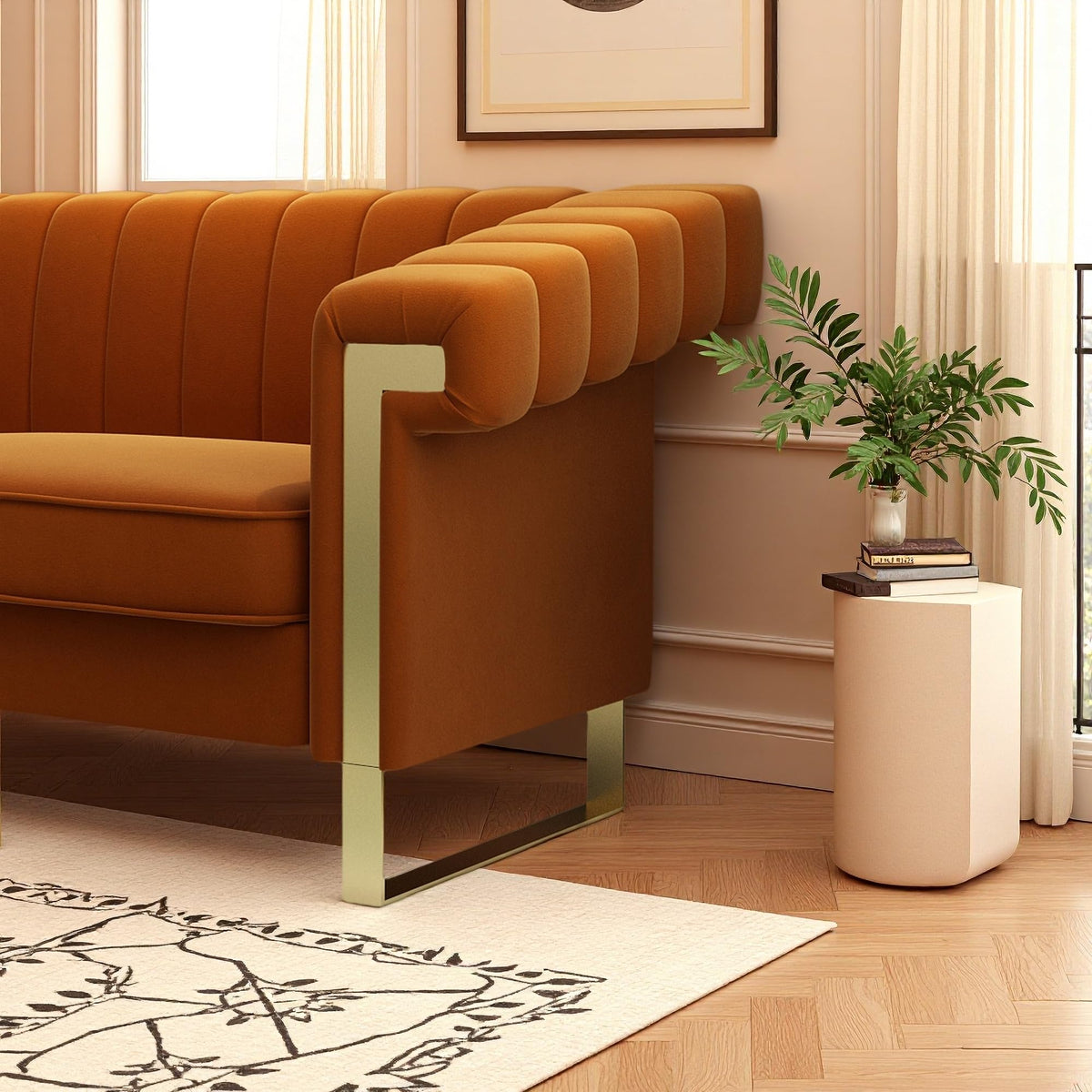 Orange Velvet 3-Seater Sofa with Armrest Y62294