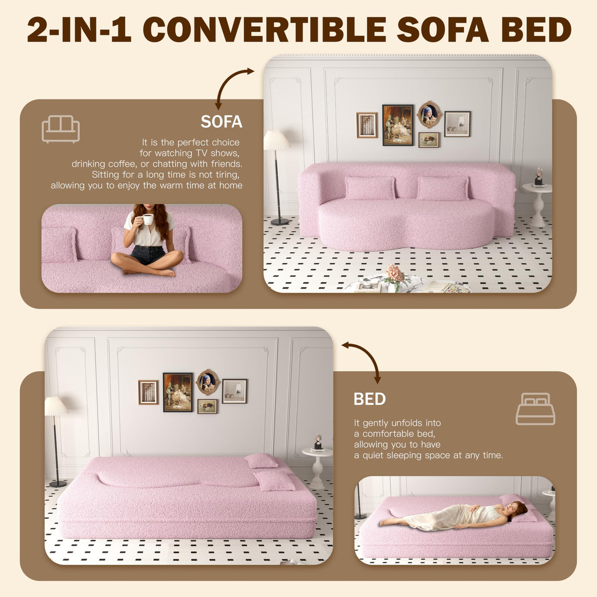 2-in-1 Convertible Sofa Bed with Pillows E819354