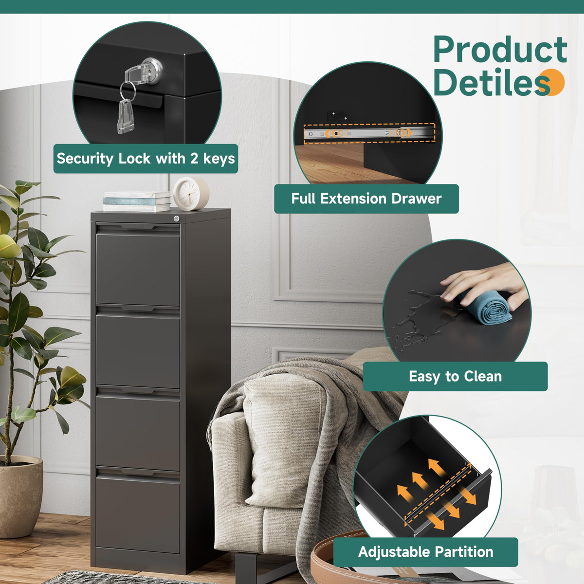 4 Drawer Metal File Cabinet with Lock E97118