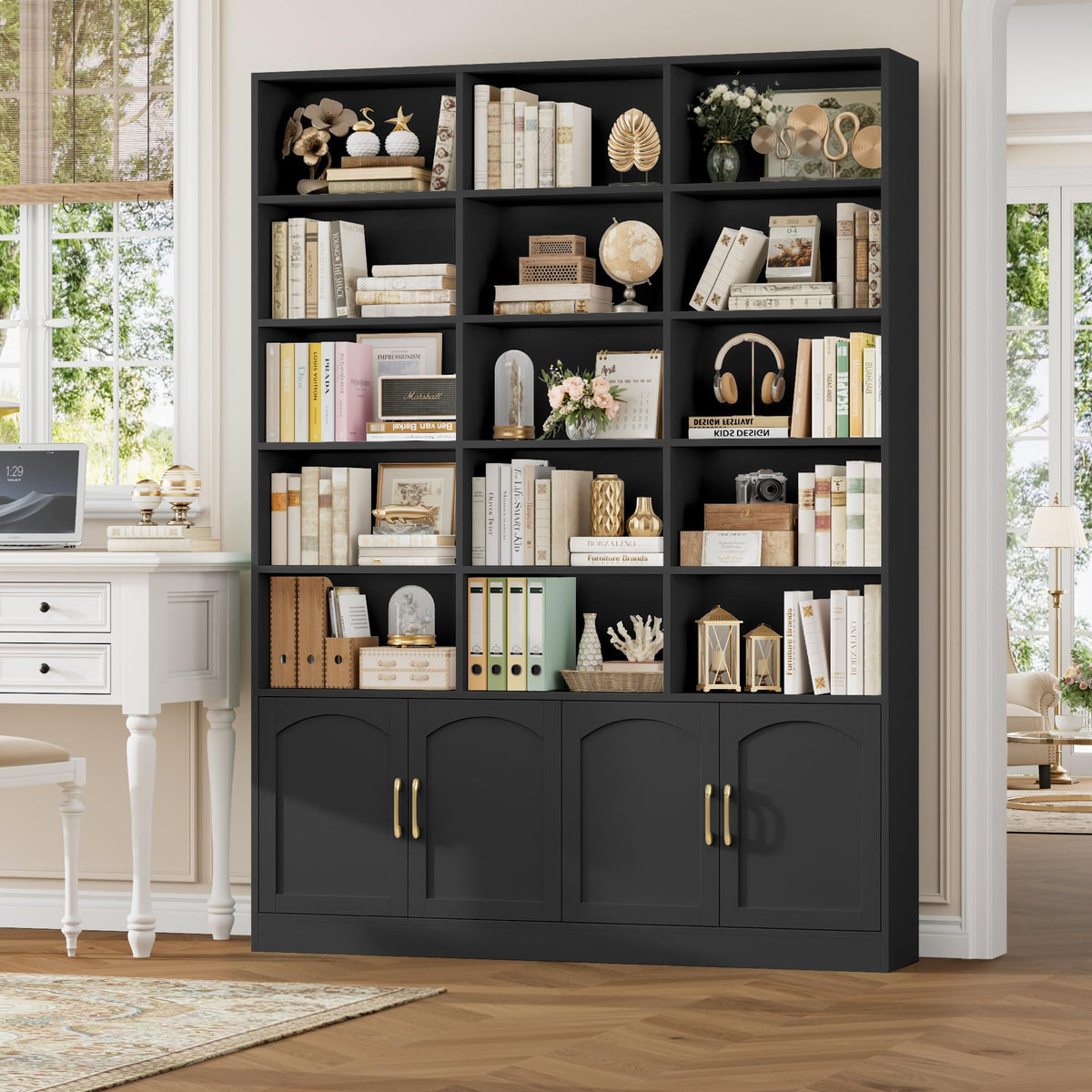 82.3" Triple Wide Bookshelf with 4 Doors, Black C9666