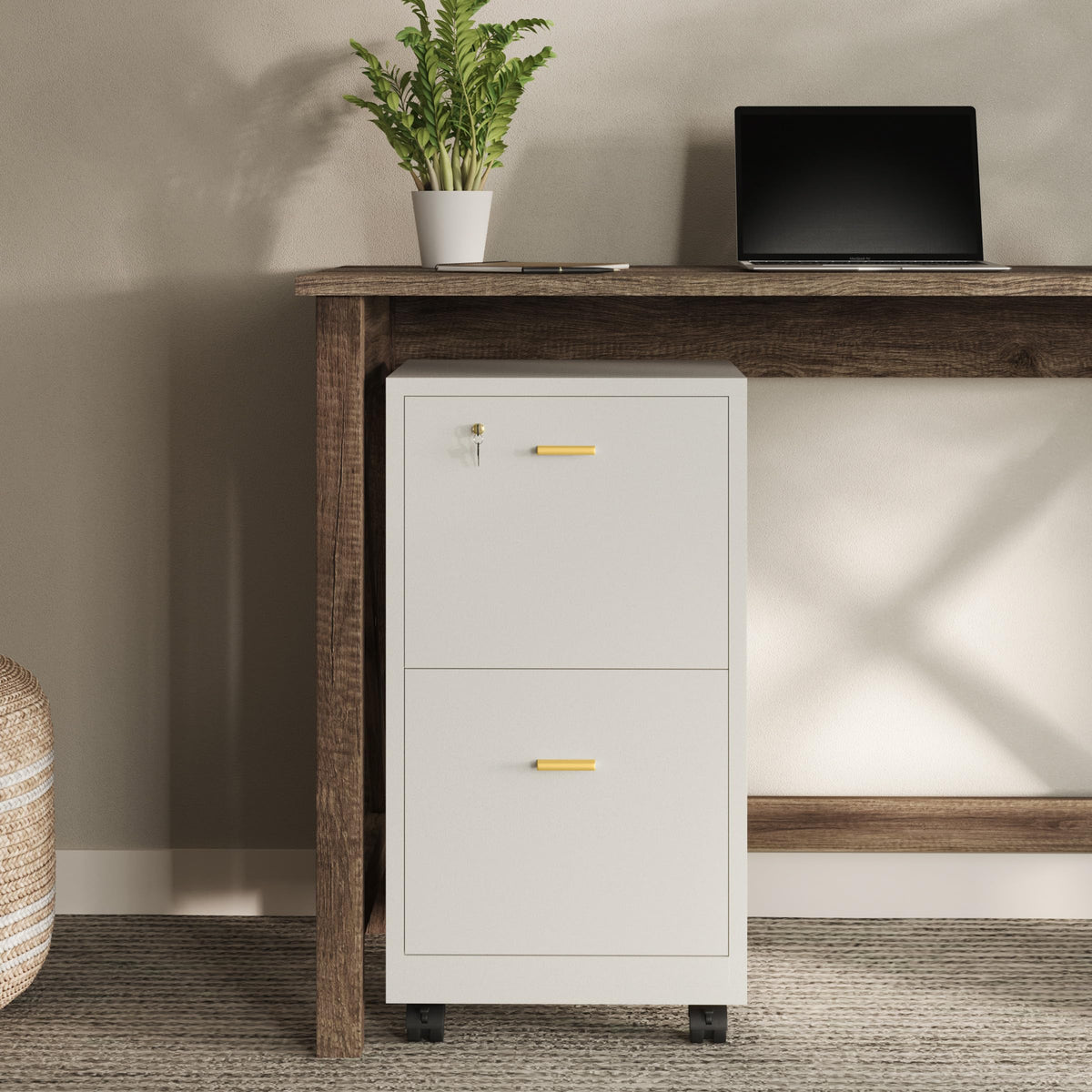 White 2 Drawer Wooden File Cabinet with Lock U80077