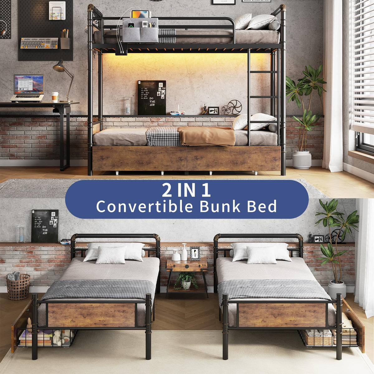 Metal LED Bunk Bed Twin Over Twin with 2 Storage Drawers B1134