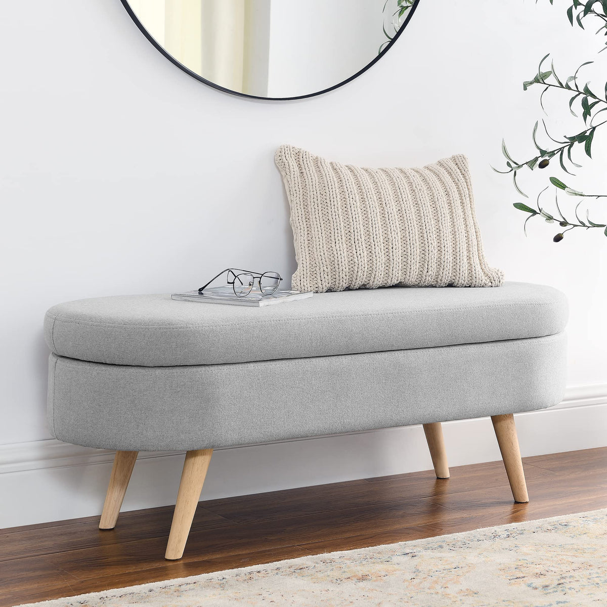 Oval Linen Upholstered Storage Bench with Rubber Wood Legs O503