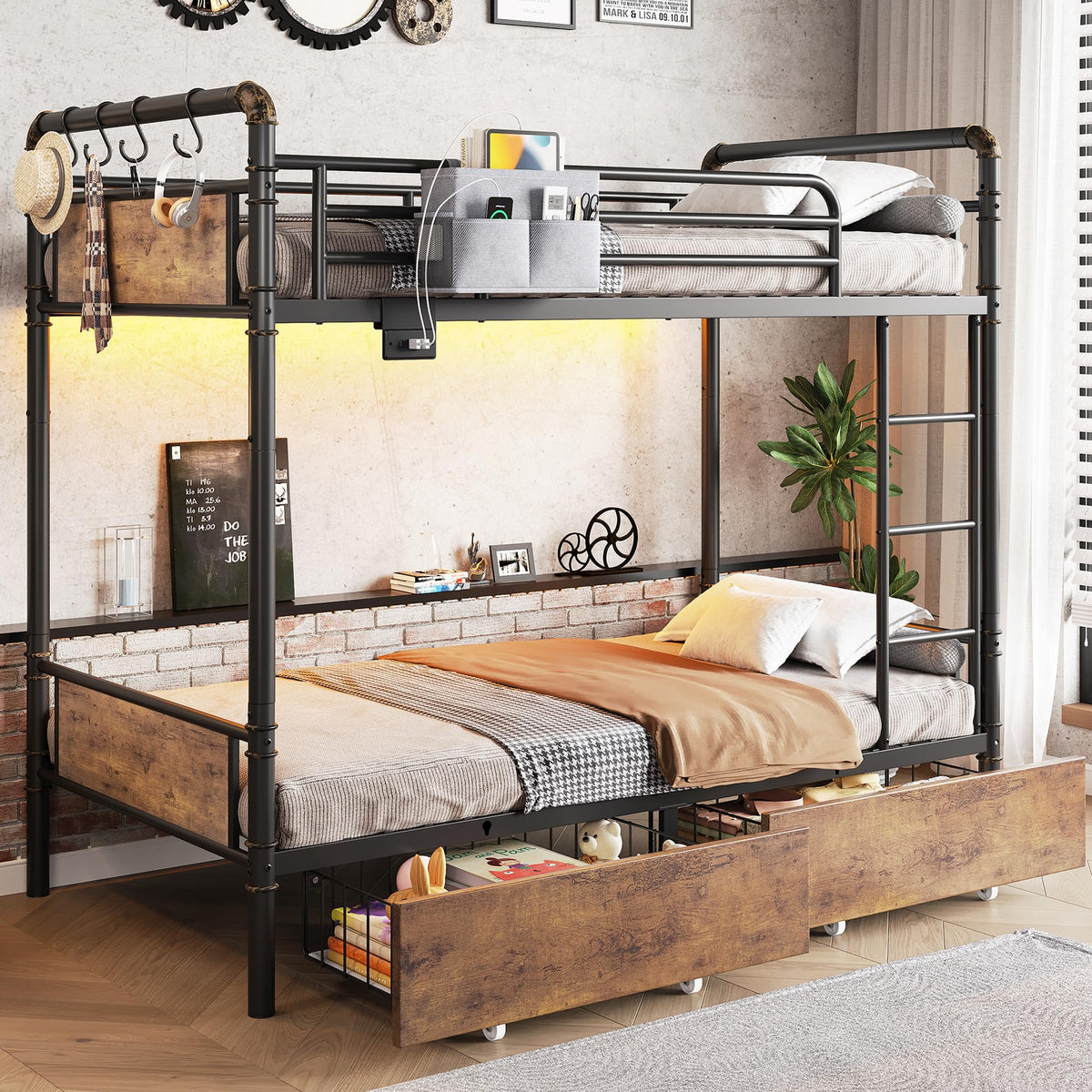 Metal LED Bunk Bed Twin Over Twin with 2 Storage Drawers B1134