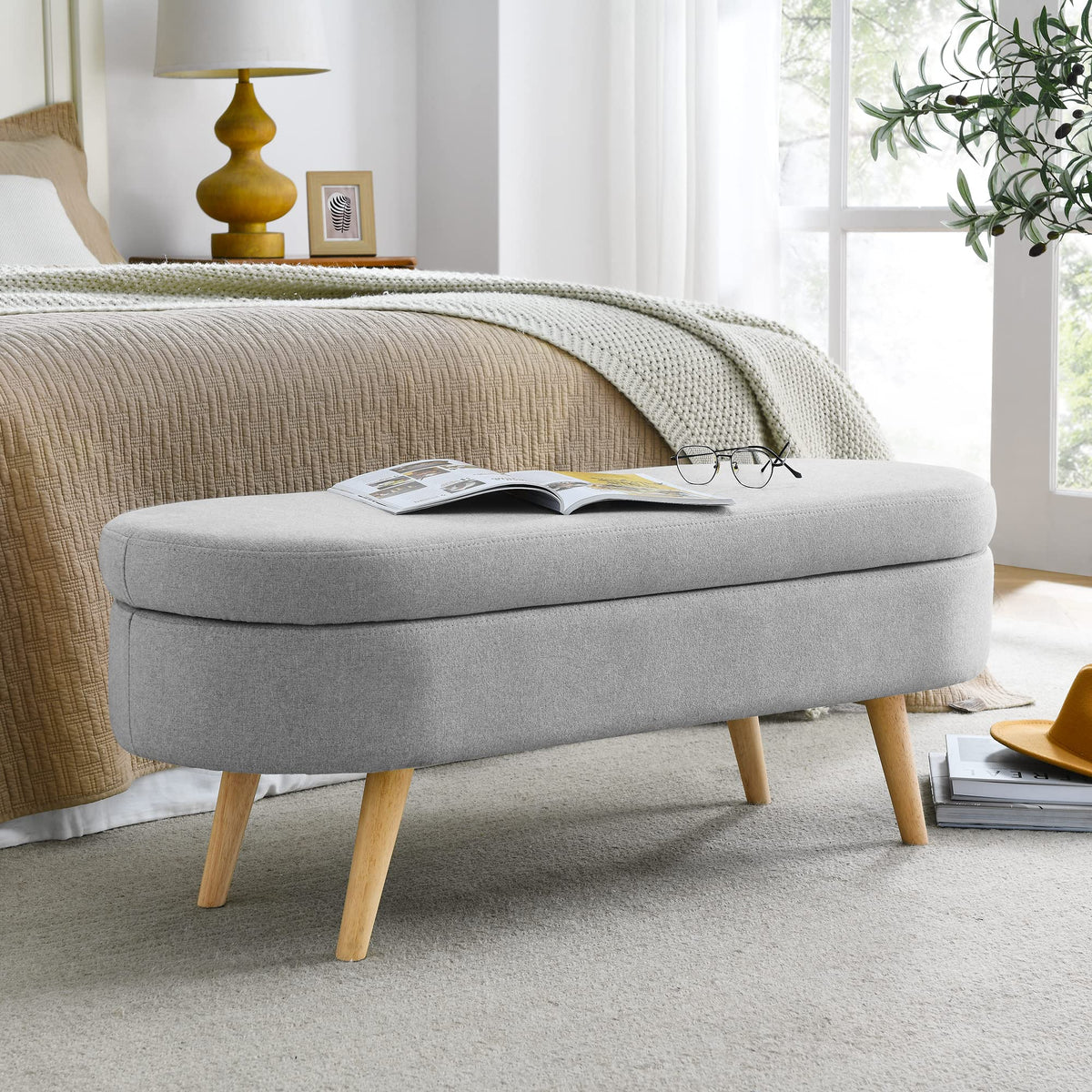 Oval Linen Upholstered Storage Bench with Rubber Wood Legs O503