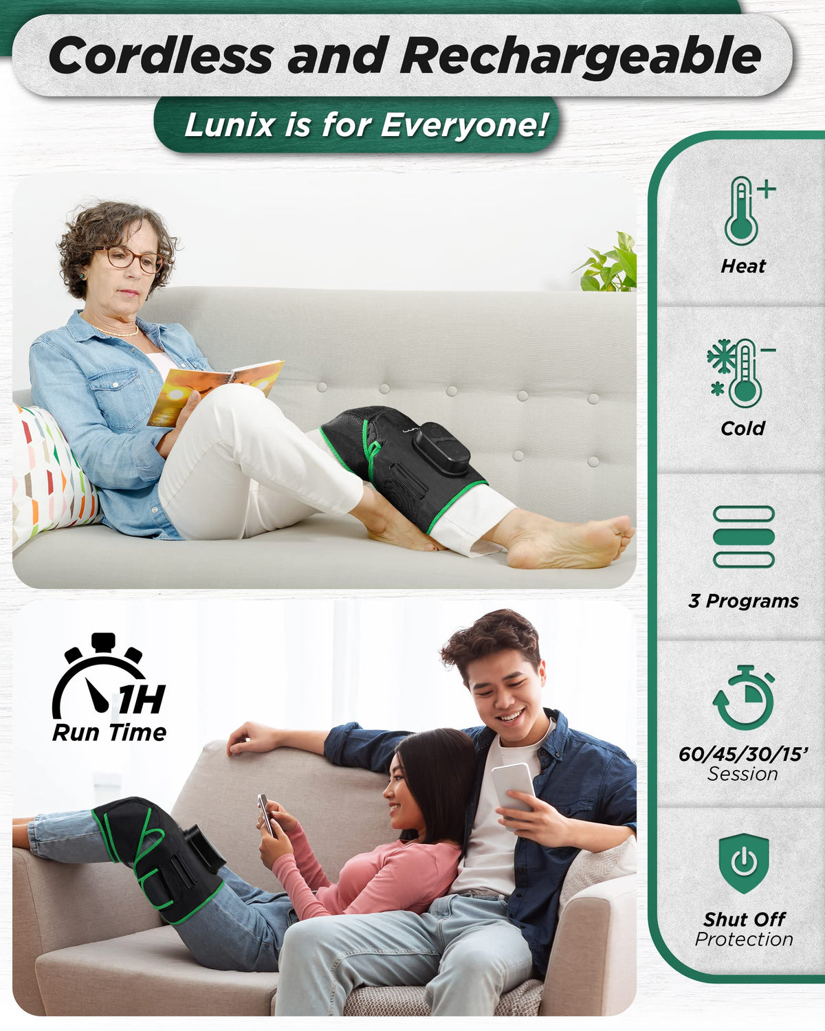 Cordless Knee Massager with Heat, Compression & Vibration, Rechargeable Wrap, Forest Green A912