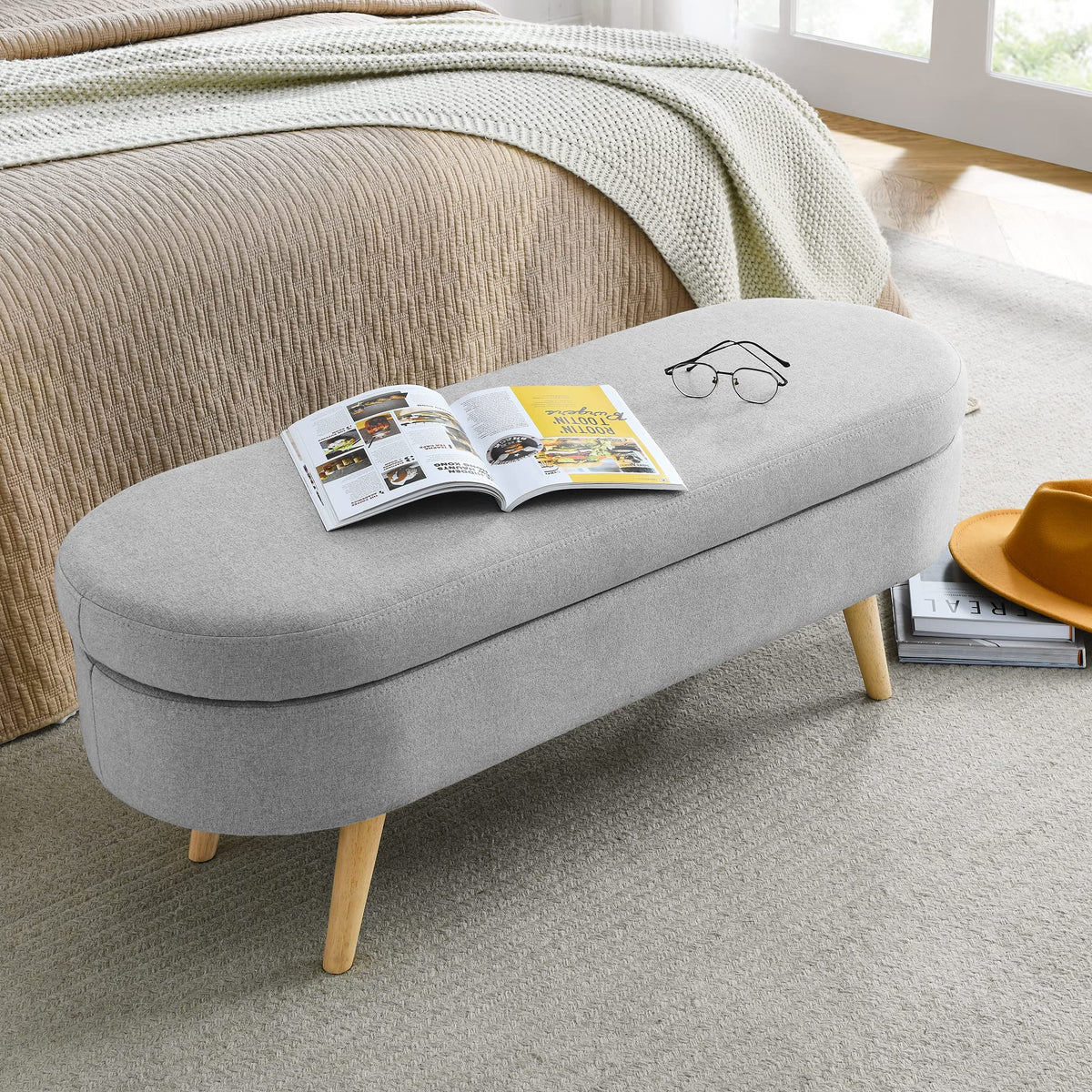 Oval Linen Upholstered Storage Bench with Rubber Wood Legs O503