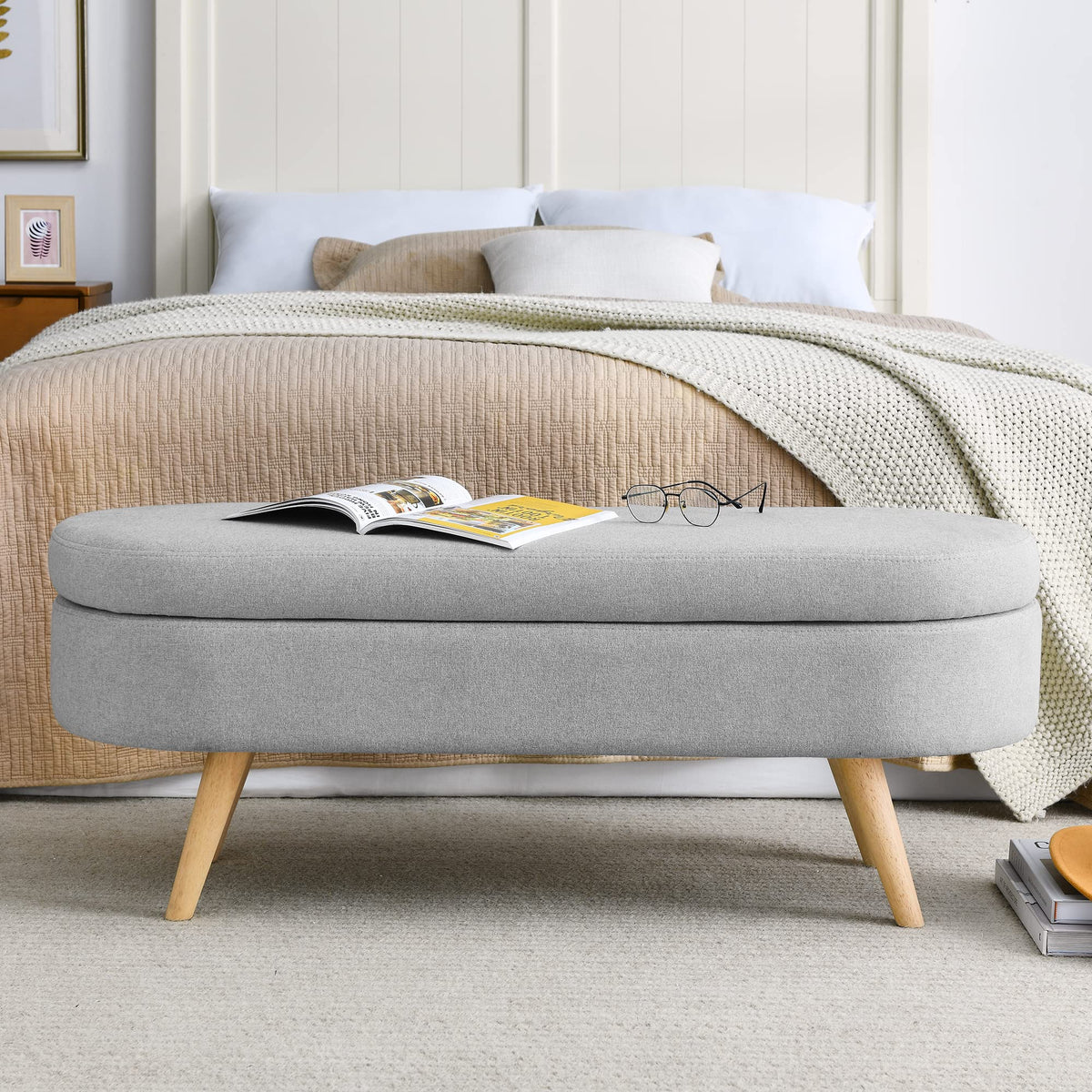 Oval Linen Upholstered Storage Bench with Rubber Wood Legs O503
