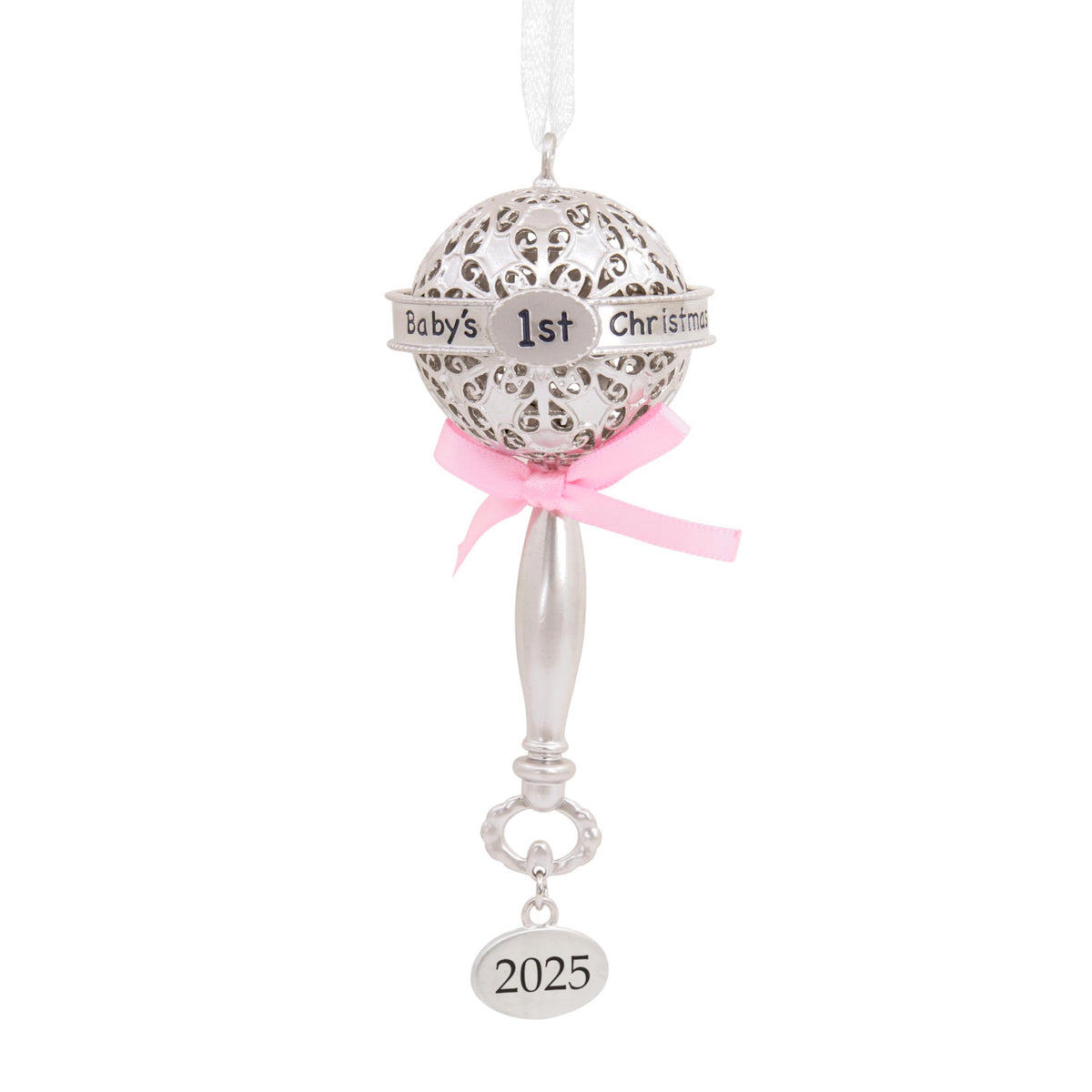 Silver Rattle with Pink Ribbon Christmas Ornament C542680